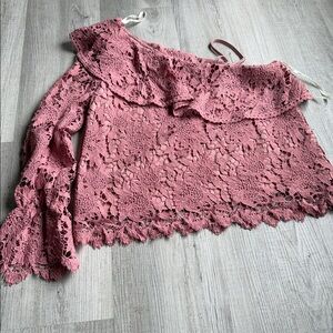 J.O.A. Pink Crochet Off-Shoulder Lace Blouse.   CAJA.   # 1
